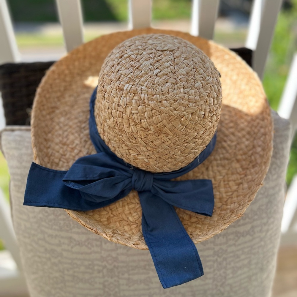 Kate Lord Wide Brim Straw Sun Hat with Navy Bow